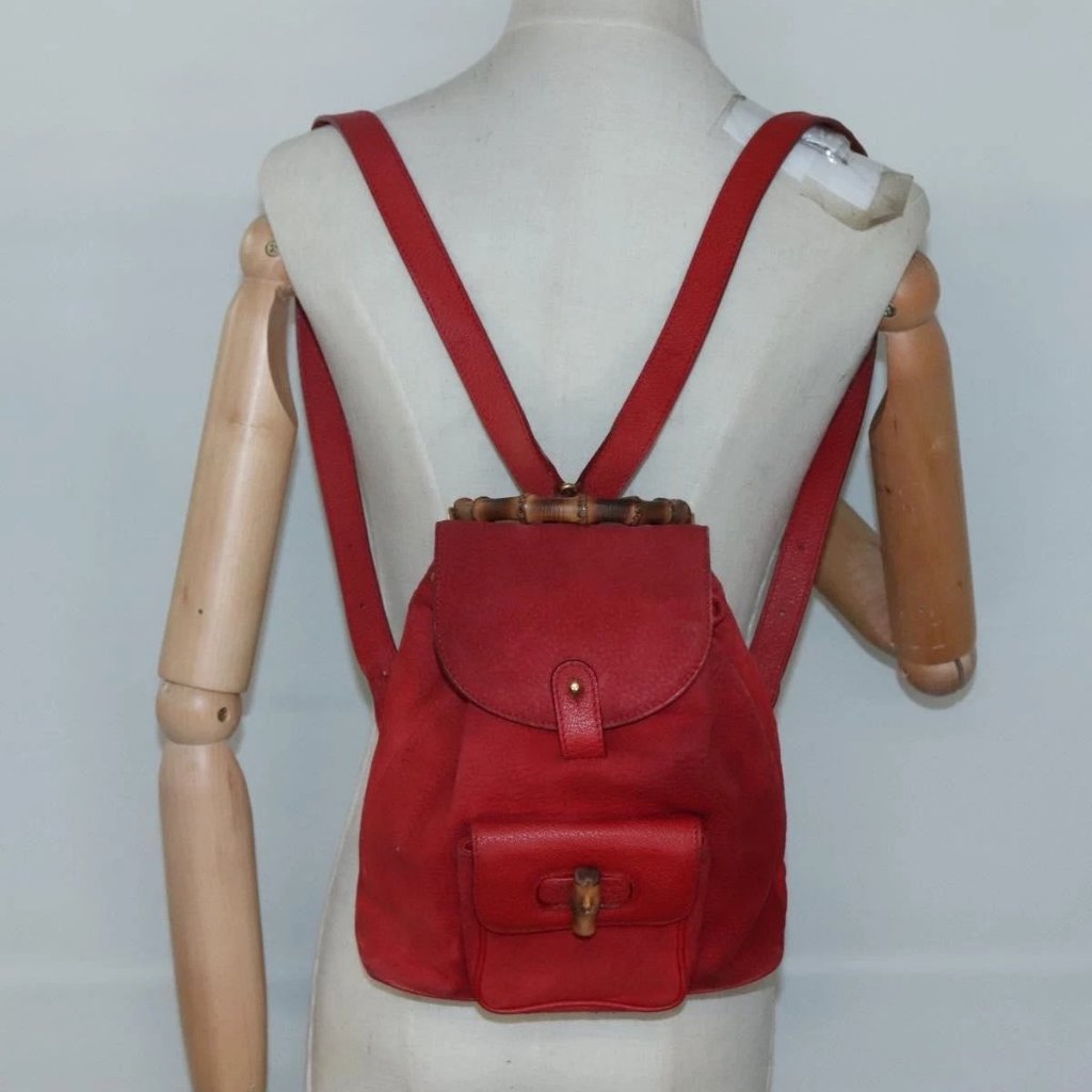 Gucci Bamboo Backpack Suede Leather Red Gold